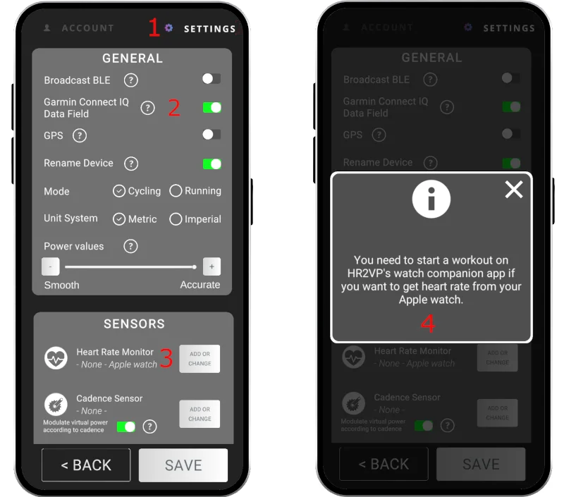 Configure HR2VP on your iPhone for connecting your Apple watch to your Garmin Edge bike computer